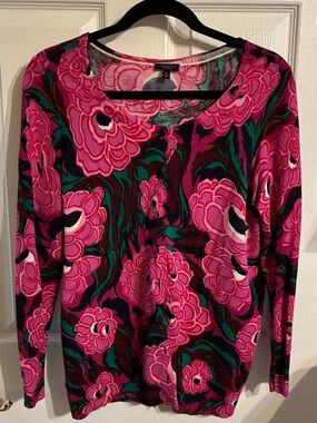 Talbots Pink Floral Button-Front Cardigan with Green Accents